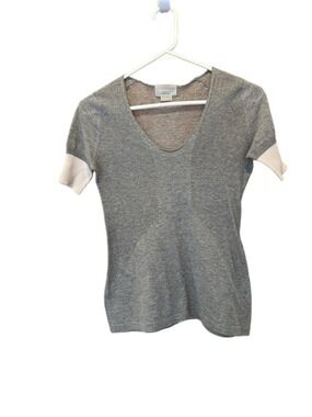 M.Patmos 100% Cotton Fitted Grey Short Sleeve V-Neck Top w/ Cream Sleeves XS